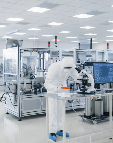 Shot of Sterile Pharmaceutical Manufacturing Laboratory where Scientists in Protective Coverall’s Do Research, Quality Control and Work on the Discovery of new Medicine.