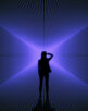 Conceptual image of businesswoman silhouette on bright blue lines background. Success, metaverse and direction concept.