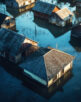 An aerial view of a flood-ravaged village shows submerged houses, reflecting the impact of a storm and global warming. Generative AI