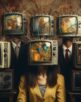 A chilling collage of human figures with retro TV heads, standing zombie-like, portraying censorship, disinformation, and the blind following of mass media.