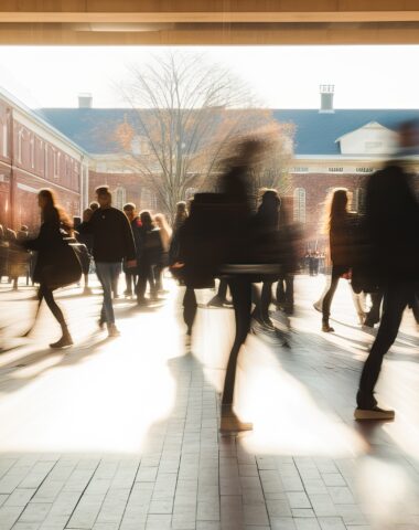 Crowd of students walking through a college campus on a sunny day, motion blur