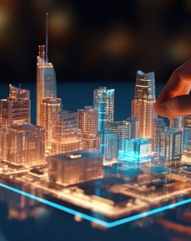 A man using digital tablet, and modern buildings hologram.