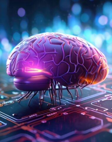 Brain integrated into a cpu on a circuit board, brain processor. Ai, aritificial intelligence, biocomputing, biocomputer concepts.