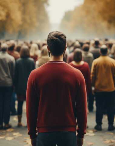 An image of an unrecognizable man standing with his back in front of whom many people turned away from him on a city street. Cancel culture concept, ignoring society