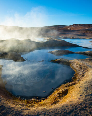 Sol de Manana geysers and geothermal area in the Andean Plateau in Bolivia