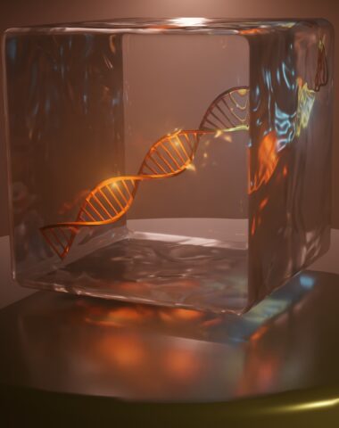 DNA preserved in ice. DNA molecule strand in transparent glass, ice container. DNA storage. Frozen DNA. 3d render illustration.