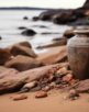 a cremation urn on a rocky beach