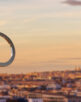 Olympic rings  at sunset with the Eiffel tower in Paris France panoramic background, Paris 2024 summer olympic games web banner