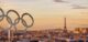 Olympic rings  at sunset with the Eiffel tower in Paris France panoramic background, Paris 2024 summer olympic games web banner