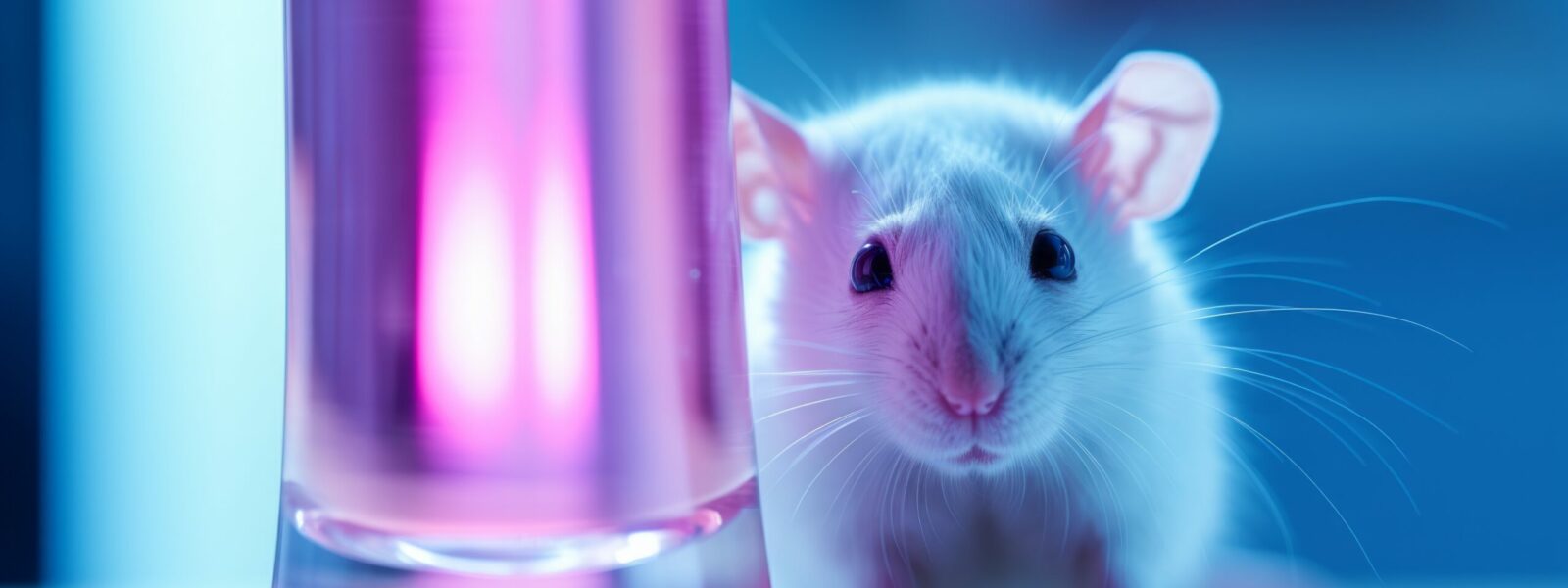 A live white laboratory experimental mouse sits on pills.