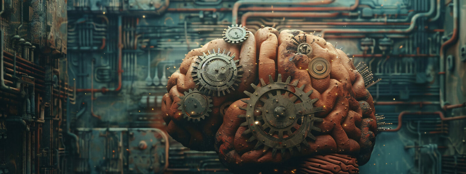 Artistic depiction of a brain with gears and cogs inside, representing the workings of advertising strategies and campaigns