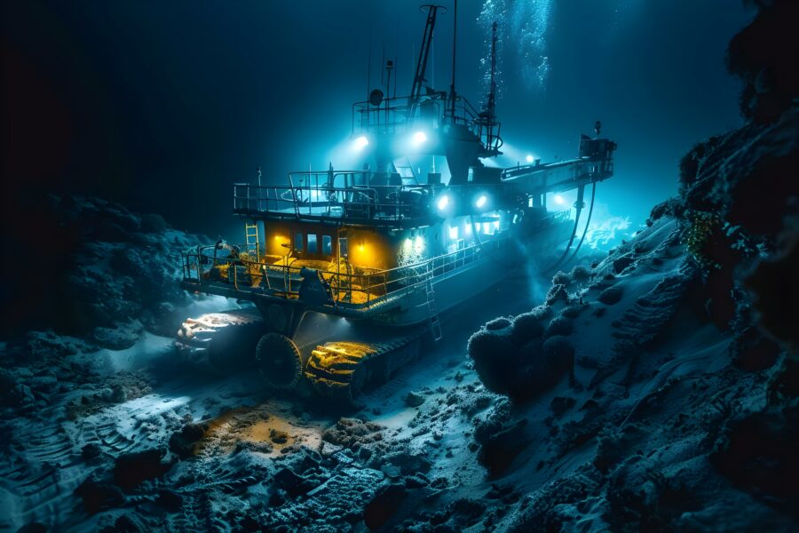 Deep sea mining for rare earth minerals. Concept Mining Industry, Deep Sea Operations, Rare Earth Minerals, Environment Impact, Future Technology