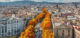 Barcelona Spain, high angle view city skyline at La Rambla street with autumn foliage season