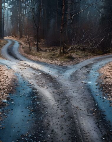 A fork in the road with two paths diverging symbolizing a decision point between different options. Concept Decision Making, Fork in the Road, Diverging Paths, Choices, Crossroads