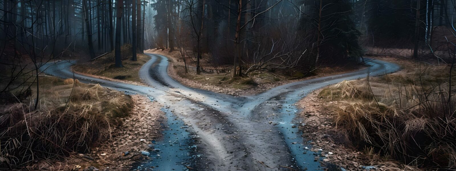 A fork in the road with two paths diverging symbolizing a decision point between different options. Concept Decision Making, Fork in the Road, Diverging Paths, Choices, Crossroads