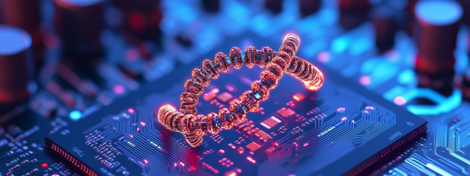 DNA double helix emerging from a computer chip, biotechnology and computing, genetics innovation