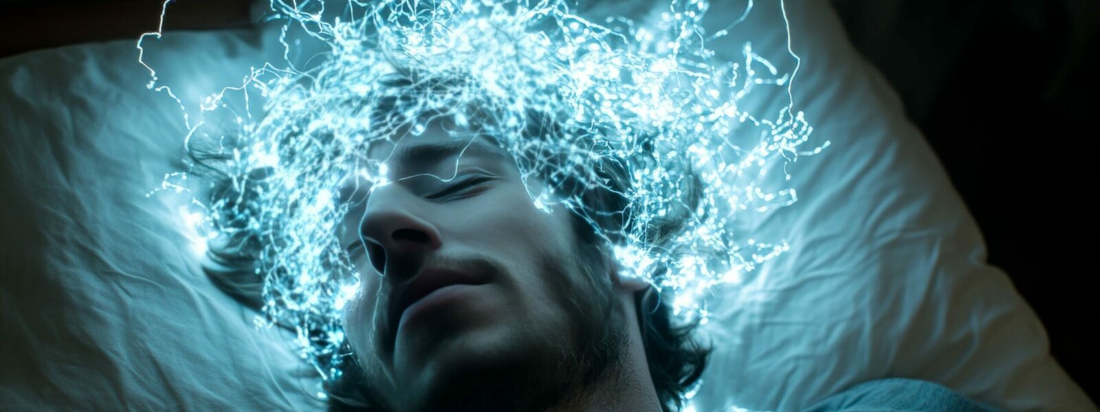 Man asleep with a glowing blue brain and electrical currents symbolizing the connection between sleep dreams and the brains neural activity in a digital art representation of the subconscious mind