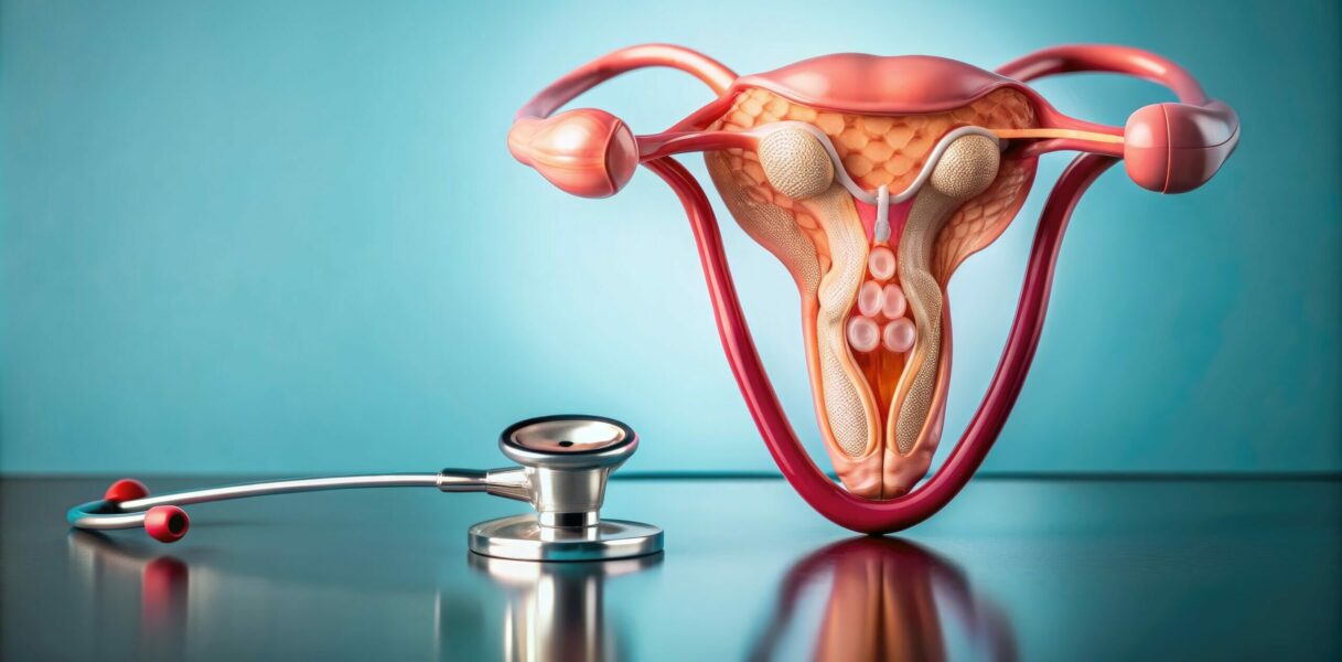 Anatomy of the uterus displayed on a background of a stethoscope, Uterus, anatomy