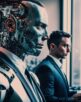 A business man working alongside an artificial intelligence cyborg in an office setting, depicting the future of work and the integration of AI in the workforce, generative ai