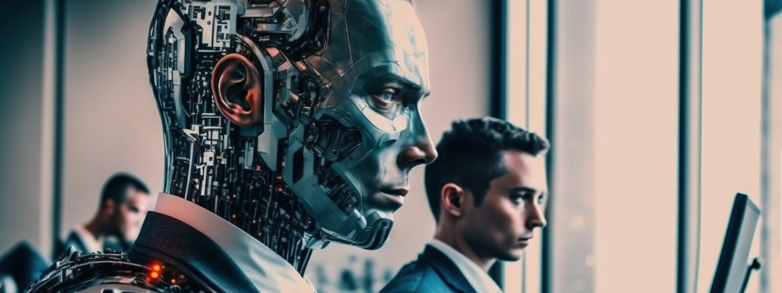 A business man working alongside an artificial intelligence cyborg in an office setting, depicting the future of work and the integration of AI in the workforce, generative ai