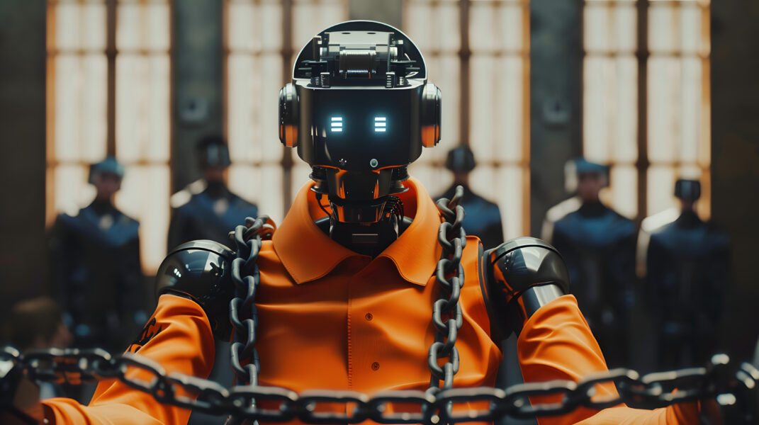 ai robot sentenced in court in orange jumpsuit, chained and seated in a prison setting. The background includes guards, highlighting themes of artificial intelligence, control, and dystopian scenarios