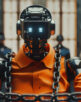 ai robot sentenced in court in orange jumpsuit, chained and seated in a prison setting. The background includes guards, highlighting themes of artificial intelligence, control, and dystopian scenarios