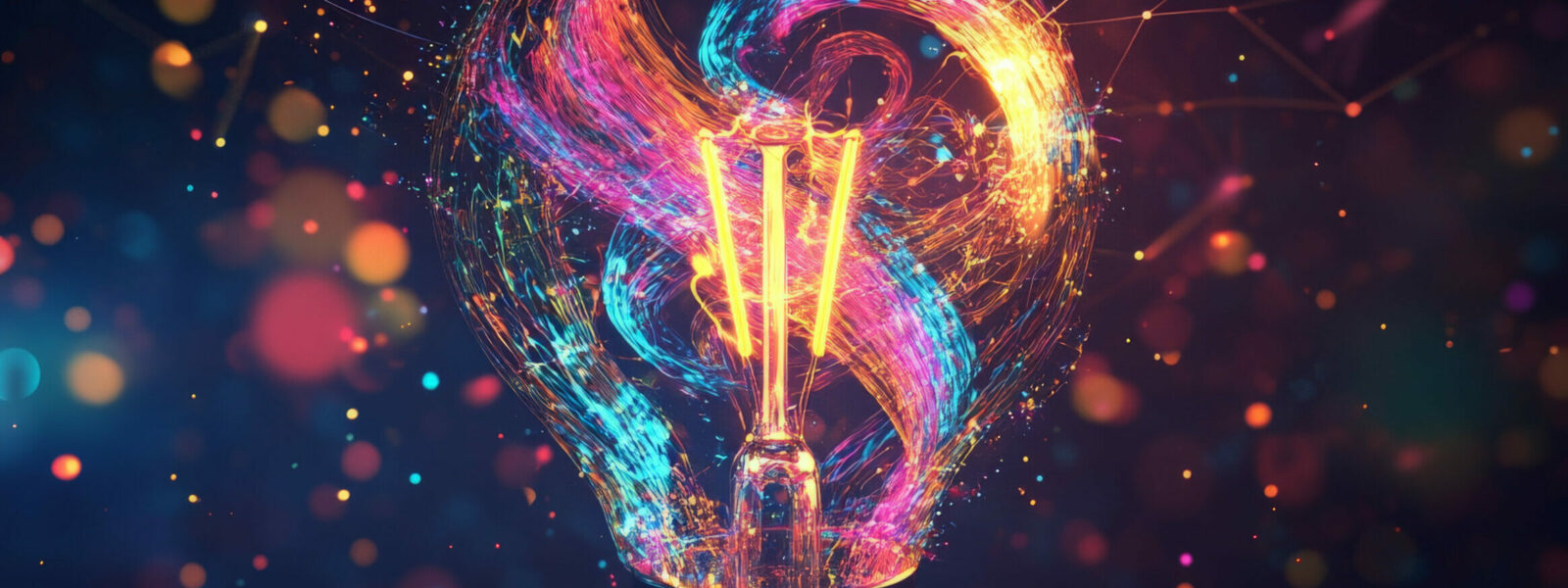 An abstract lightbulb made of swirling neon colors, surrounded by bright particles and glowing lines, symbolizing the spark of a new idea on a dark backdrop.