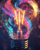 An abstract lightbulb made of swirling neon colors, surrounded by bright particles and glowing lines, symbolizing the spark of a new idea on a dark backdrop.