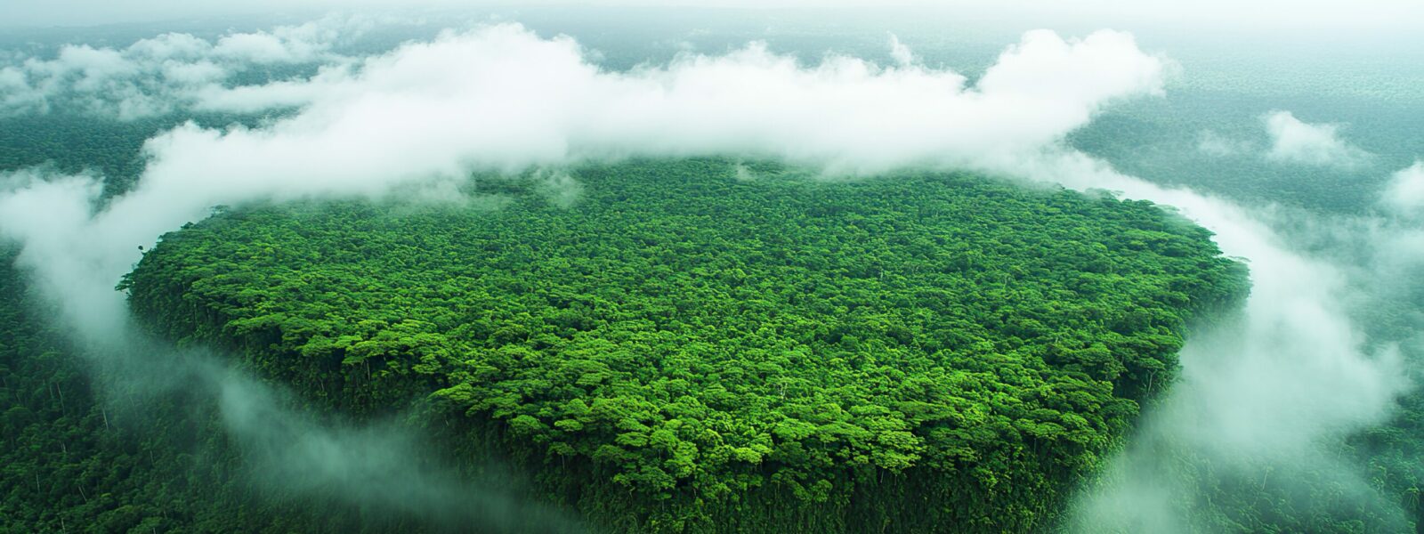 A cloud formation above a dense rainforest, symbolizing the natural cycle of weather patterns and climate in the Amazon