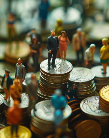 Miniature people standing on a pile of coins, symbolizing inequality and social class disparities. Illustrates concepts related to income inequality, social ideologies.