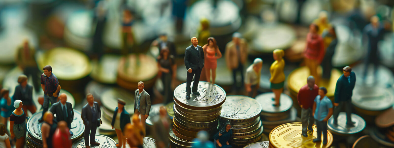 Miniature people standing on a pile of coins, symbolizing inequality and social class disparities. Illustrates concepts related to income inequality, social ideologies.