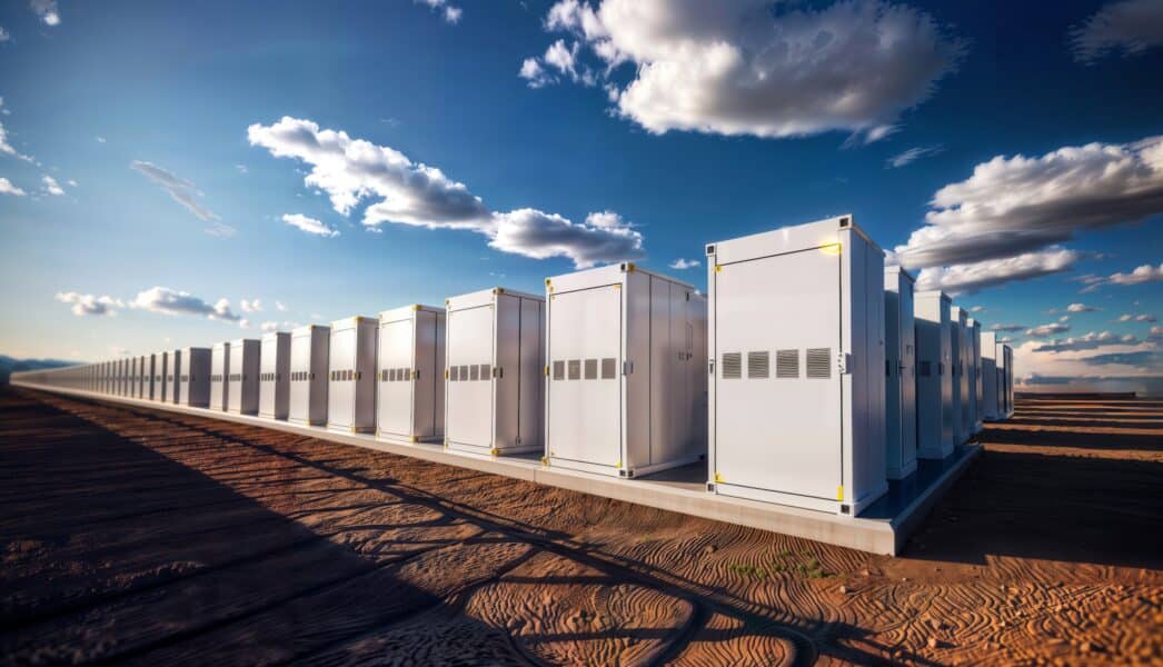 Energy Storage Facility. Rows of batteries under open sky.