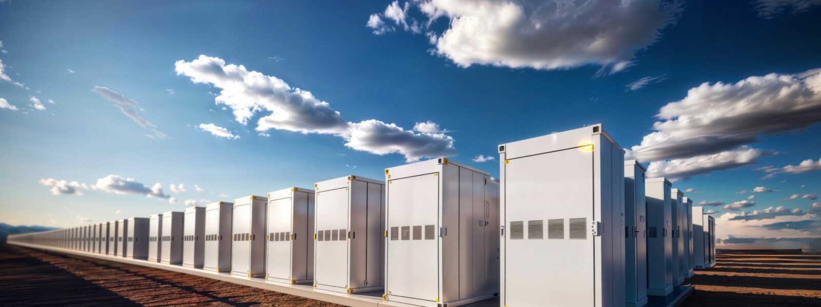 Energy Storage Facility. Rows of batteries under open sky.