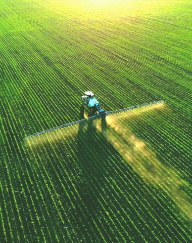 Tractor spray fertilizer on green field drone high angle view, a