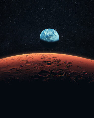 Mars, the red planet with detailed surface features and craters in deep space. Blue Earth planet in outer space. mars and earth, concept