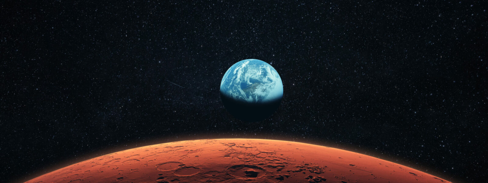 Mars, the red planet with detailed surface features and craters in deep space. Blue Earth planet in outer space. mars and earth, concept