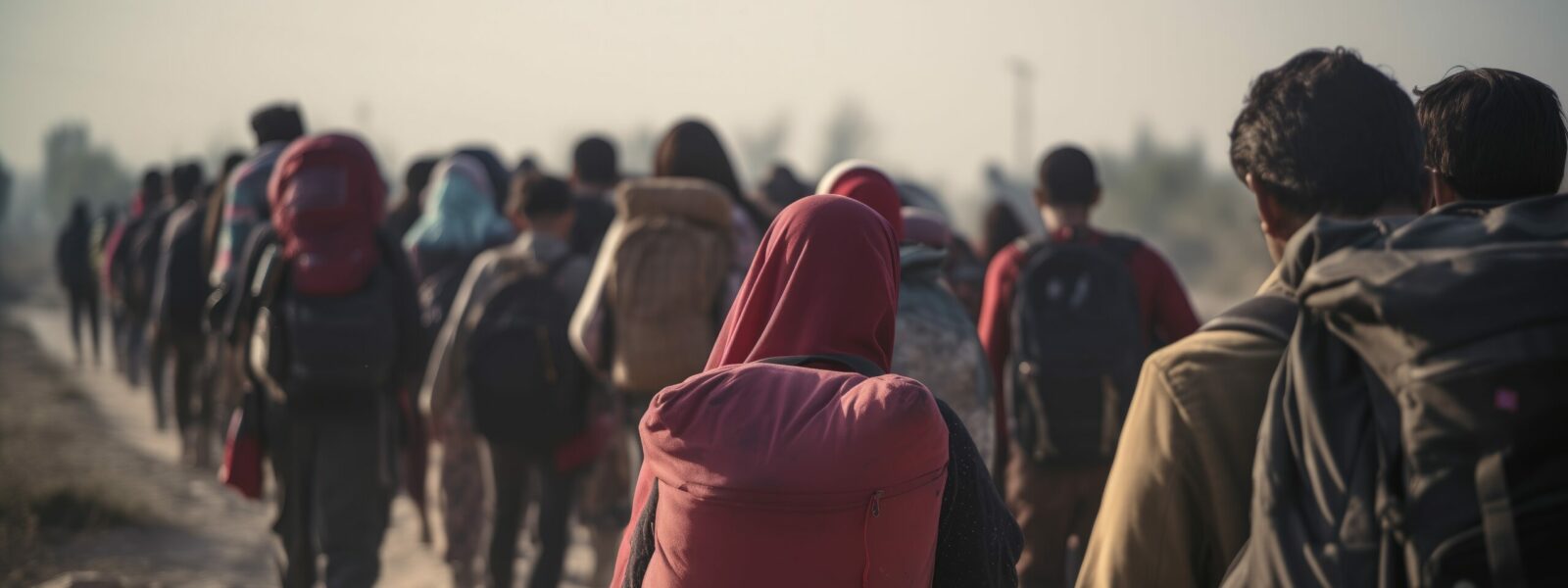 Group of refugees standing in a barren landscape, wearing backpacks. Harsh lighting casts long shadows, symbolizing displacement and crisis. A diverse and resilient community, united in their journey