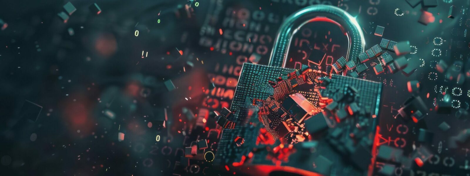 Shattered padlock cybersecurity breach binary code