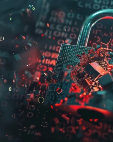 Shattered padlock cybersecurity breach binary code