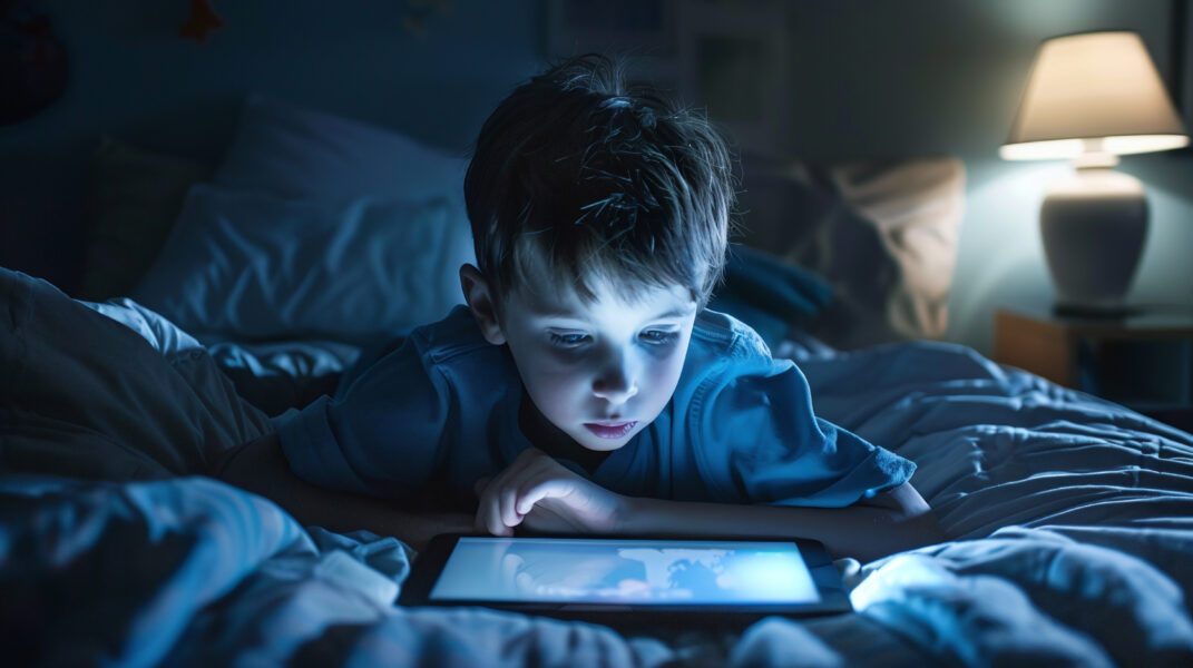 boy lying on bed and surfing Internet on tablet in dark room