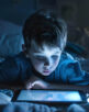 boy lying on bed and surfing Internet on tablet in dark room