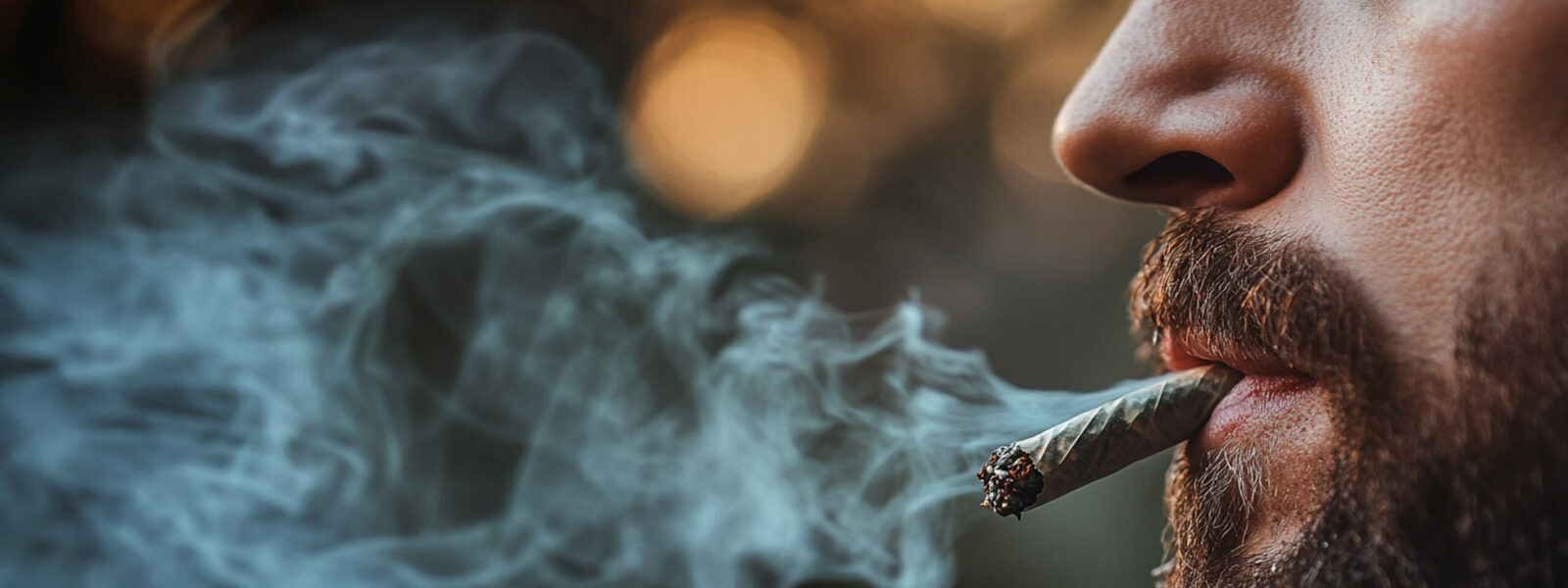 Close up of a man smoking a marijuana cigarette with smoke coming out of his mouth.  Room for text