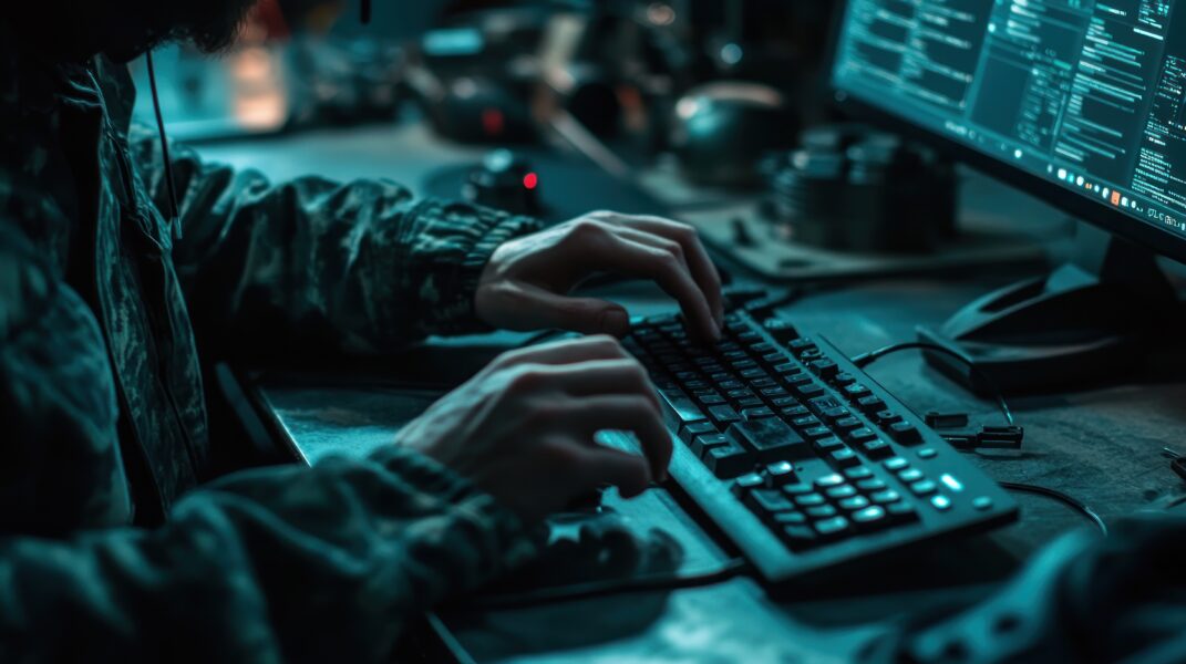 Person typing on keyboard at computer in dark room.