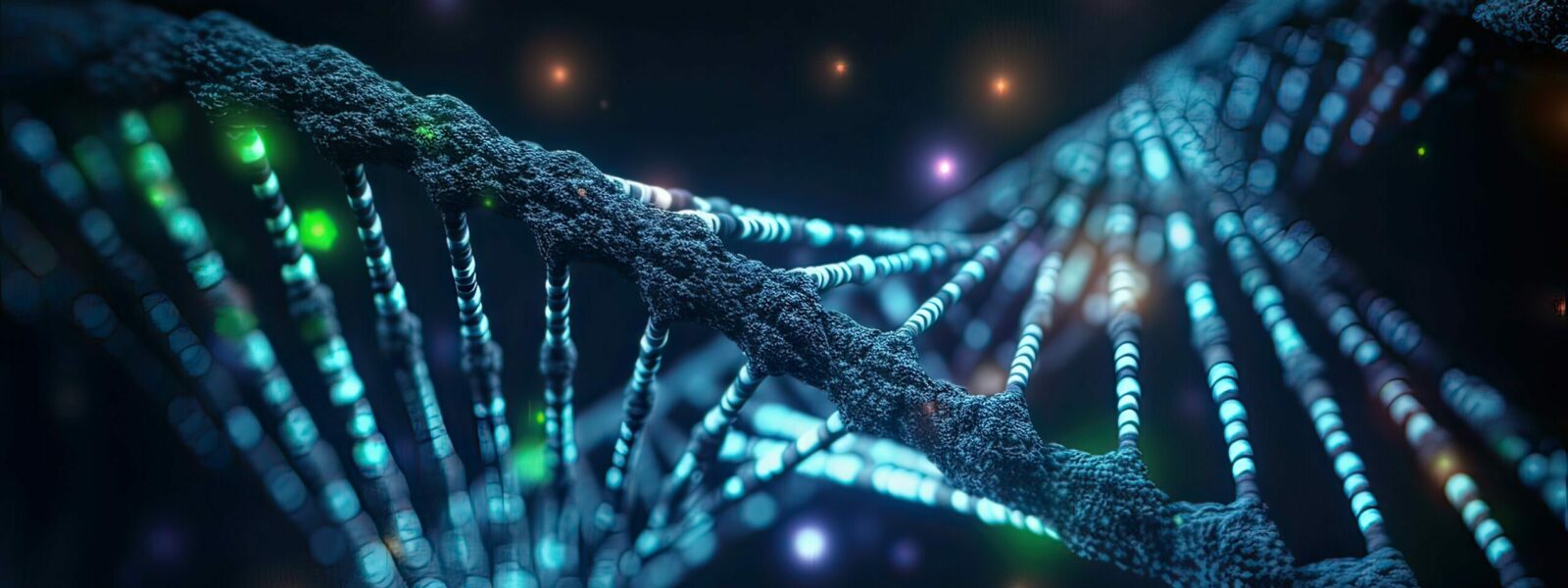 Molecule of DNA, double helix, 3D illustration. Genetic mutation and genetic disorders. Abstract DNA double helix with depth of field. Generative Ai