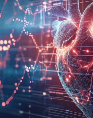 Heartbeat line transforming into a digital AI code, AI role in real-time patient monitoring and heart health management. Advanced AI technology for cardiac care