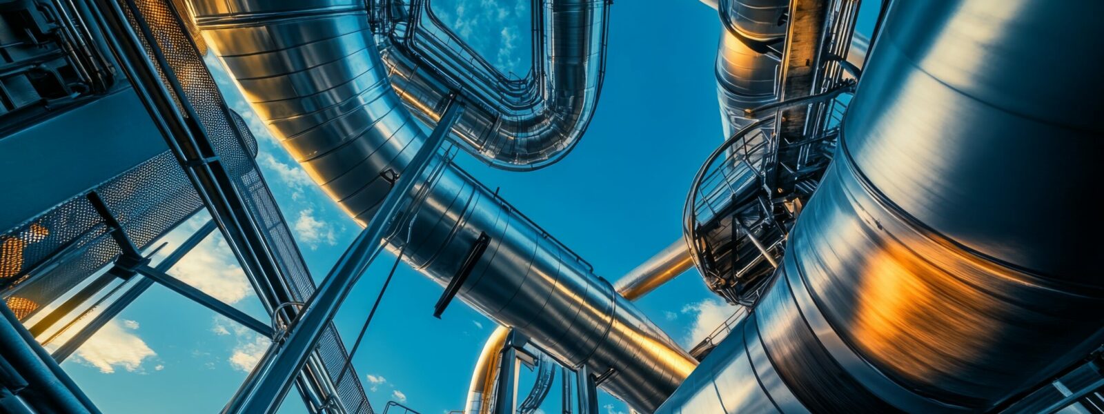 This industrial setting showcases an extensive network of sleek metallic pipes and machinery engineered for capturing and storing carbon emissions, emphasizing modern technology in sustainability