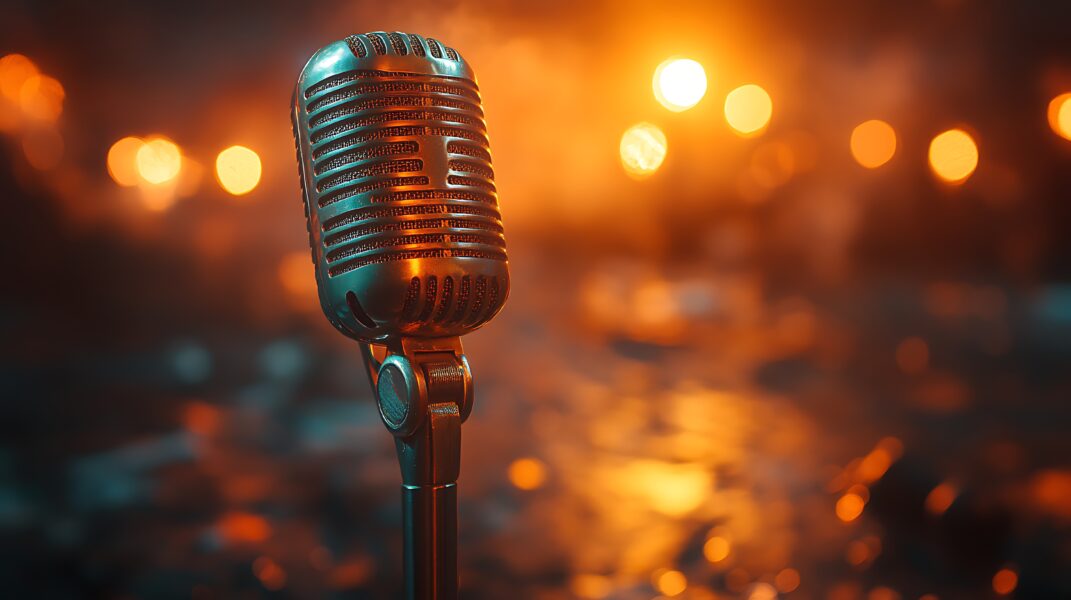 Vintage microphone on stage with warm lights and smoke.