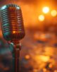 Vintage microphone on stage with warm lights and smoke.