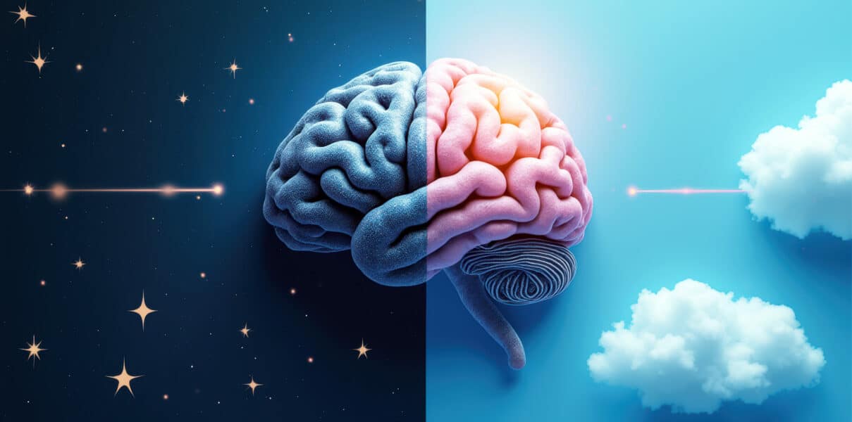 Brain symbolizing circadian rhythms over a background split between dark starry night and bright cloudy day