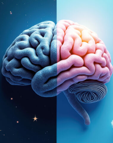 Brain symbolizing circadian rhythms over a background split between dark starry night and bright cloudy day